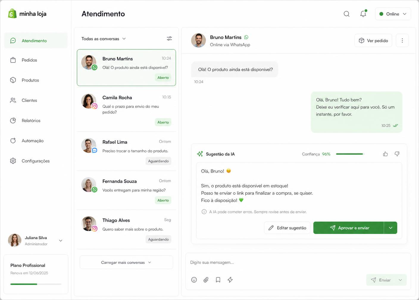 Chat de atendimento com sugestão da IA e painel de auditoria de qualidade